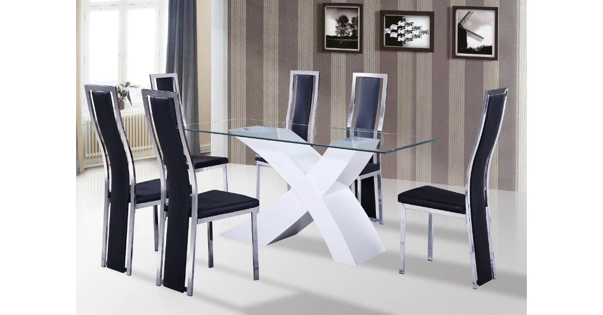 Table laqu blanc 6 chaises noir ROY Ensemble Table Chaise